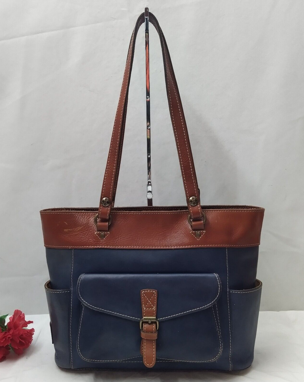 Patricia Nash Blue Leather Front Buckle Pocket Double Handles Tote Bag